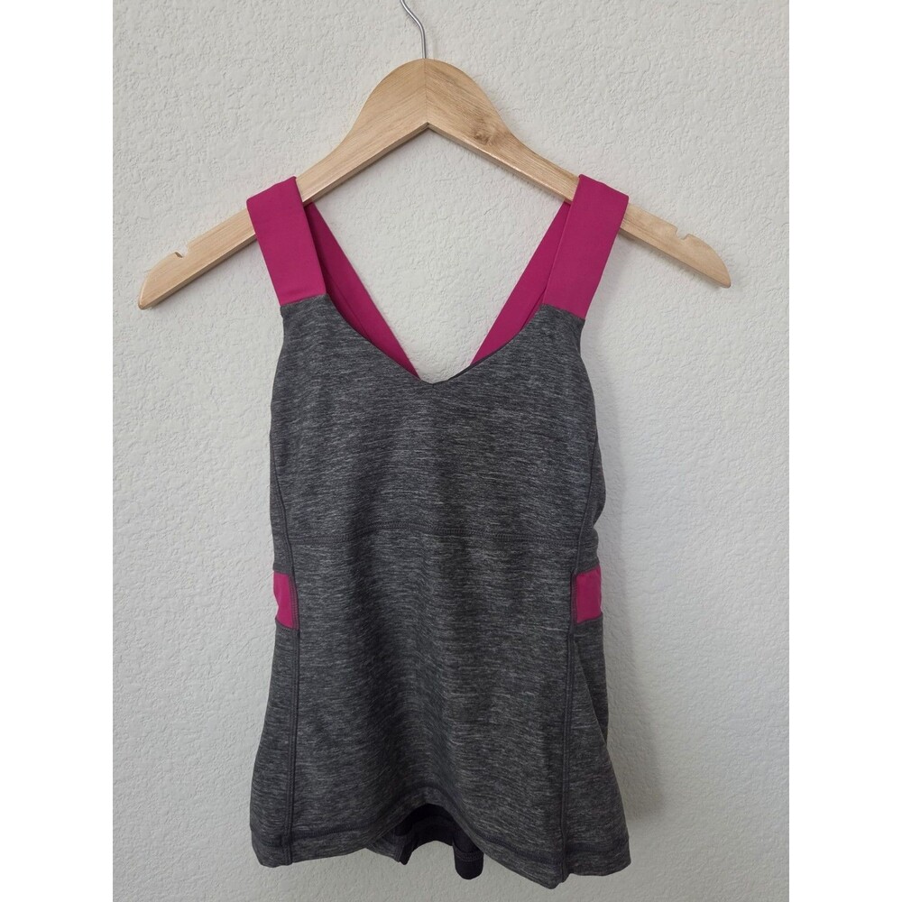 Lululemon Push Your Limits Tank Cross Back Heathered Gray Pink Shelf Bra Size 6